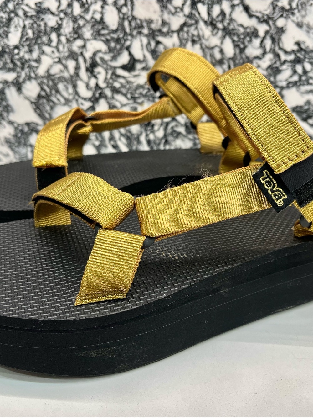 Teva Metallic Gold Webbing Sandals with Black Footbed
